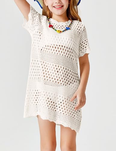 Image of Amarmia Girls Swim Cover Up Crochet Bathing Suit Cover Ups Short Sleeve Summer Beach Dress