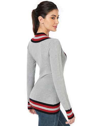 AmélieBoutik Women deep V Neck Sexy Faux Wrap Slim Fitted Striped Trim Long Sleeve Blouse Sweater Top4