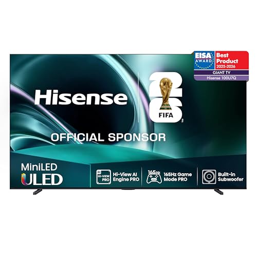 Hisense 100U7Q Fernseher 100 Zoll, 4K Mini LED ULED, Smart TV, Hi-View AI Engine Pro, 165Hz Game Mode Ultra, FreeSync Premium, Built in Subwoofer, Dolby Vision IQ Atmos, Airplay[2025]