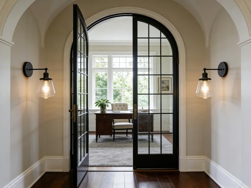 Image of Phansthy Wall Sconces Light Fixture Industrial Wall Lamp, 180 Degree Adjustable Bathroom Vanity Light, Wall Light with Glass Shade Wall Decorative Lighting for Kitchen Living Room Hallway (Black)