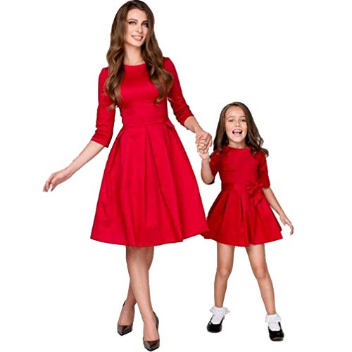 JEELINBORE Casual Vestido Familia Mangas 1/2 Madre e Hija Skater Vestidos Midi con Bowknot para Fiesta Partido - Rojo, M (mamá) Cover