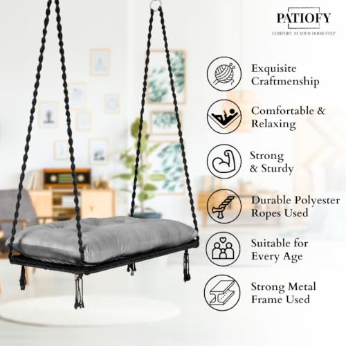 Image of Patiofy Double Seater Plank Swing for Adults and Kids | Indoor and Outdoor Use | Jhula for Adults with Grey Cushion and Hanging Kit | Weight Capacity - 150 Kg - Black