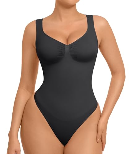 FeelinGirl Shapewear Bodysuits for Women Tummy Control Thong Seamless V Neck Compression Body Suits Corset Top