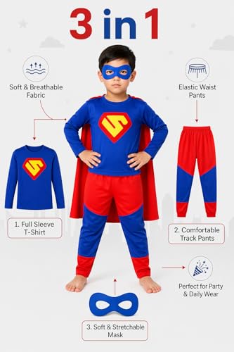 Image of Raj Costume Boys Superhero Costume Set with Mask | Blue Red Full Sleeve T-Shirt & Track Pants | Kids Fancy Dress for Birthday Party, School Function|Stretchable Comfortable