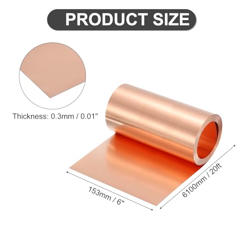 QUARKZMAN Reine Kupferblechrolle 0.3mm 22Ga Dick T2 Kupferblech 6100mm x 153mm/20Ft x 6in Kupferstreifen Weiches Kupferfolienblech Für Handwerk Elektro Hausreparatur