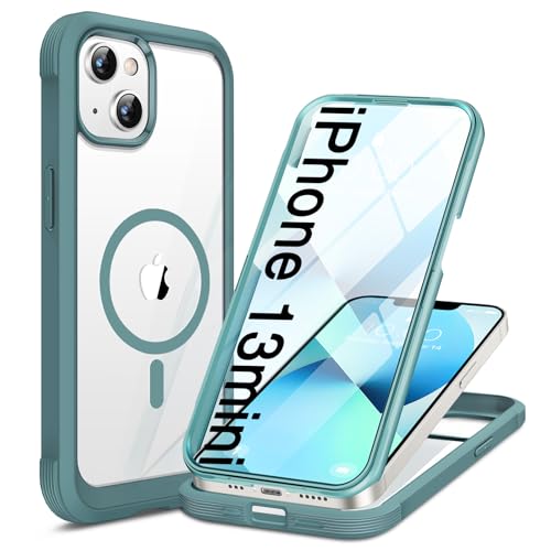 Image of Miracase for iPhone 13 mini Case 5.4 inch,Full-Body Protection,Clear Bumper Case with Built-in 9H Tempered Glass Screen Protector,Military-Grade Drop Protection Outdoor Phone Case for iPhone 13 mini,Teal