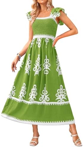 BTFBM Summer Dresses for Women 2025 Floral Smocked Boho Sleeveless Square Neck A Line Casual Beach Maxi Dress Pockets