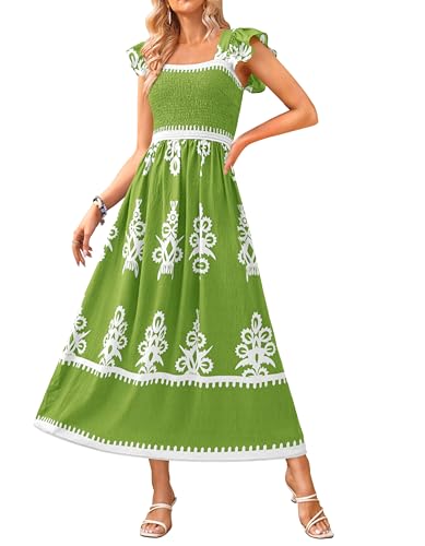 BTFBM Summer Dresses for Women 2025 Floral Smocked Boho Sleeveless Square Neck A Line Casual Beach Maxi Dress Pockets