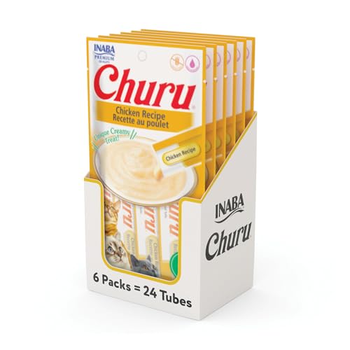 Image of INABA Churu Cat Treats, Lickable, Squeezable Creamy Puree Cat Treat with Green Tea Extract & Taurine, 0.5 Ounces Each Tube, 24 Tubes (4 per Pack), Chicken Recipe