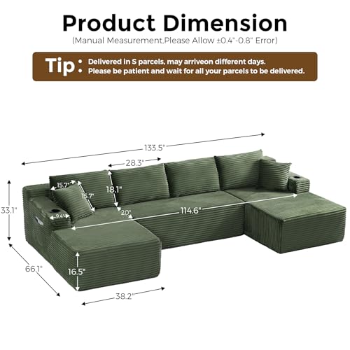 Image of 133 inch Oversized Cloud Boneless Sofa Couch with Chaise, Modern Corduroy U Shaped Modular Sectional Sofa with Deep Seat, Comfy Couch with Cupholders and Storage, No Assembly Required-Green