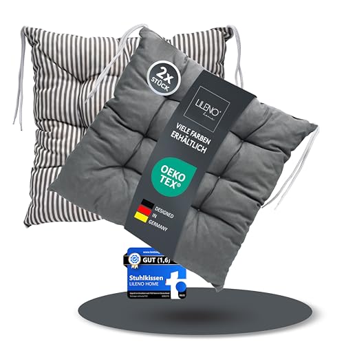 LILENO HOME 2er Set Wende Stuhlkissen Anthrazit (40x40x6 cm) - Streifen...