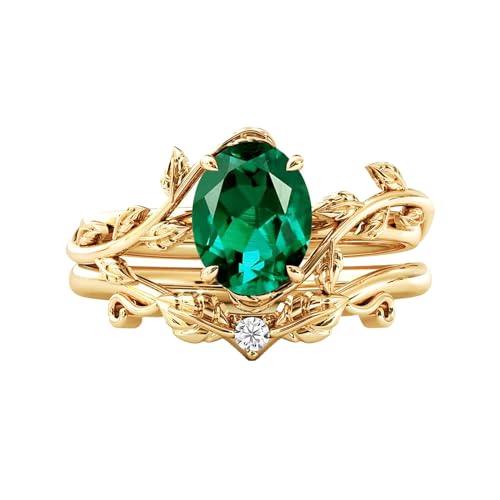 10K 14K 18K Solid Gold Gemstone Engagement Ring Set for Women Leaf Art Deco Ring Set Oval Cut Gemstone Bridal Wedding Ring Set with Natural Diamond