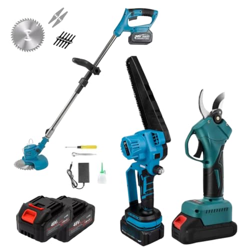 Kit Potatura 3 in 1 - Forbice Elettrica da Potatura, Mini Motosega 6-8 Pollici con Oliatore e Decespugliatore a Batteria Elettrico - 48V, con 2 Batterie e Accessori Inclusi