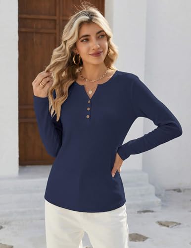 Zeagoo Womens Tops Long Sleeve Womens Shirts Fall V Neck Blouses 2026 Waffle Knit Tunics Tops for Women L Dark Blue — view 2