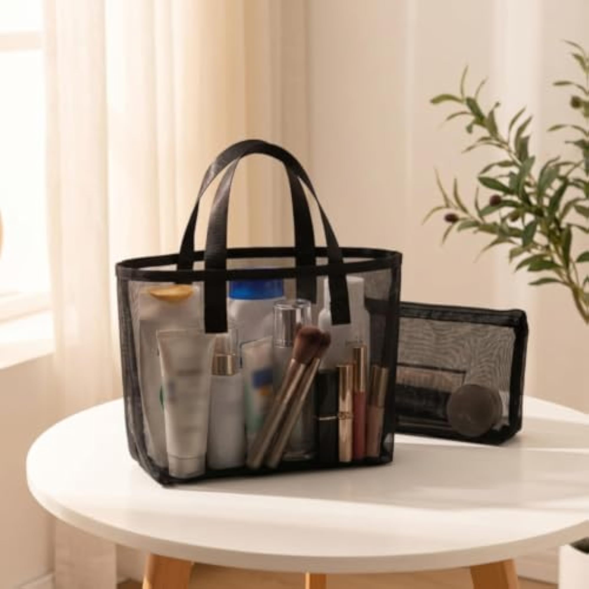 Translucent Mesh Tote Bag, Lightweight Zippered Storage
