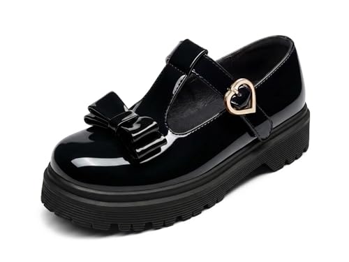 Coutgo Girls Mary Jane Dress Shoes Chunky Platform Loafers School Uniform Closed Toe T Strap Flats with Bow Black 4 Big Kid