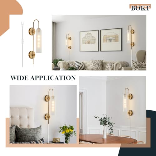 Image of BOKT Mid Century Modern Plug in Wall Sconces Indoor Long Brushed Gold Milk White Glass Sconces Wall Lighting Single Wall Sconce Bathroom Vanity Light Brass Wall Mounted Light Fixture (White)