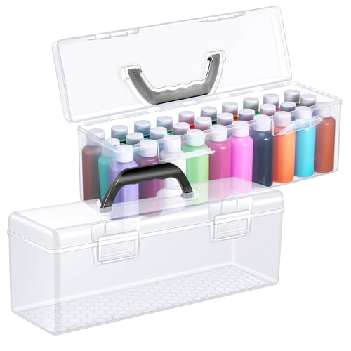Image of Threehoney 2 Pcs Paint Storage Box for 2 Fl. oz Acrylic Paints, Acrylic Portable Craft art Organizer with Handle, 30 Bottles Capacity Plastic Art Supply Clear Boxes