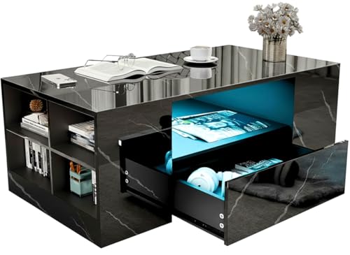 Blisswood Led Coffee Table with 2 Drawer Storage, High Gloss Coffee Table for Living Room Wooden Centre Table with RGB Led Lights Rectangle Tea Table for Living Room Furniture, Black Marble