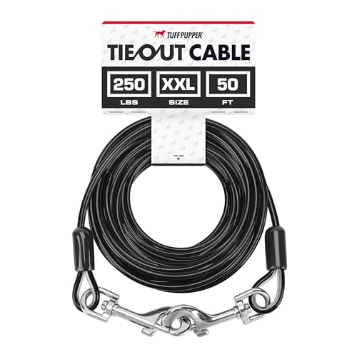 Tuff Pupper Dog Tie Out Cable 50 Feet | Dog Runner Cable for Yard 50 ft | Heavy Duty Lead | Water & Rust Resistant Industrial Strength Steel | 360 Degree No Tangle Swivel Clips