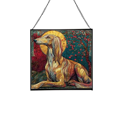 Saluki Dog Christmas Stained Glass Suncatcher – Square Hanging Holiday Window Panel with Cozy Fireplace Scene – Winter Glass Art Decoration Gift for Animal Lovers, Pet Owners DWSg8d
