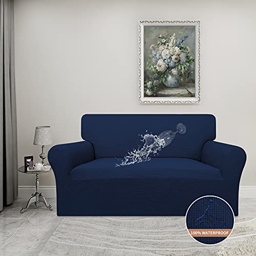 Image of Easy-Going 100% Waterproof Loveseat Couch Cover Stretch Jacquard Sofa Cover | Dual Waterproof Sofa Slipcover, Leakproof Furniture Protector for Kids, Pets, Dog and Cat (Loveseat, Navy)
