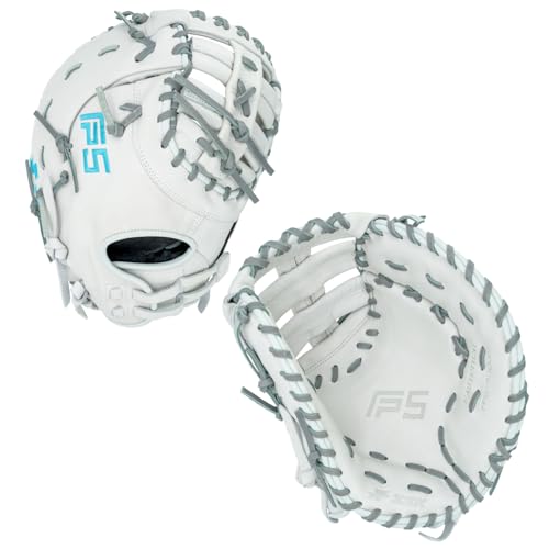 SSK FP5 Fastpitch - Guantes de softbol de primera base de 12.5 a 13 pulgadas, mano derecha e izquierda, de piel completo de alta calidad (blanco/gris...