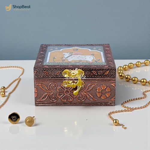Image of Handcrafted Wooden Jewellery Box Copper Metal Finish (4 x 4 inch) - Pack of 10 | Oxidized Pichwai Cow Design | Decorative Organizer | Storage Box for Women Puja Festive Gifting | Royal Teal