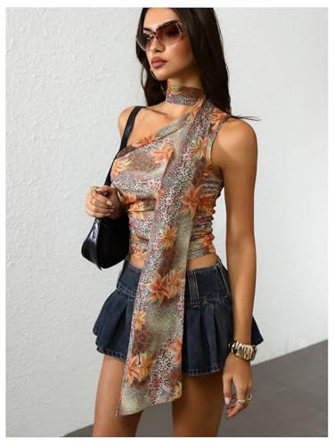 Image of RoseSeek Women's Y2K Leopard Polka Dots Halter Asymmetrical Neck Crop Tops | One Shoulder, Slim Fit, Sleeveless, Cheetah Print, Summer Tops, Scarf Tops, Party, Going Out Tops