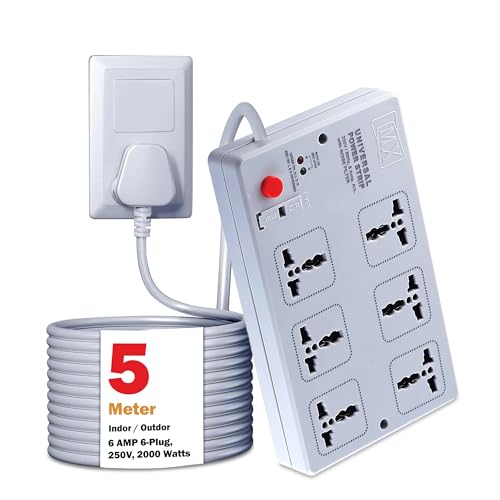 Image of Mx 6‑Socket Universal Power Strip Extension Board with 5m Cord - Master Switch, 5 Amp Overload Protection, Suitable for International Plugs - Ideal for Home & Office