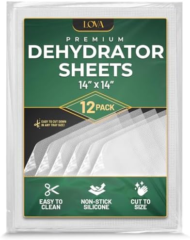 (12 Pack) Silicone Dehydrator Sheets (Free Recipes) (14" x 14") Dehydrator Accessories for Cosori, Excalibur, Magic Mill - Fine Mesh Trays - Mat, Jerky, Fruit and More