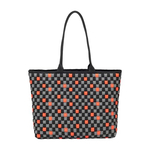 Striped Canvas Tote Bag, Black and Beige, 11.4x10.2x5.5 inches, 3D Woven Textile with Detachable Mini Bag