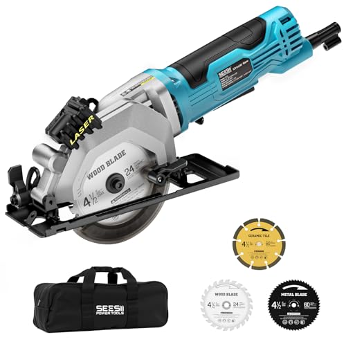 Seesii Mini Circular Saw with Laser Guide,4.8A 4000 RPM Compact Corded Circular Saw with Rip Guide,3 Blades (4-1/2') for Wood,Soft Metal,Tile,Plastic Cutting,Max Cut Depth 1-11/16'(90°),1-1/8' (45°)