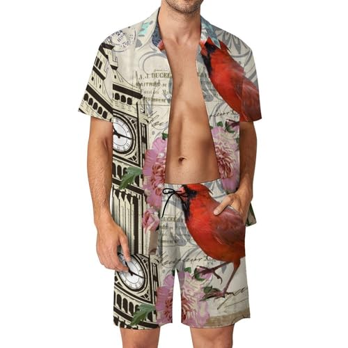 Ensemble Chemise Hawaïenne Hommes Oiseau Horloge Fleur Imprimé Tropical Short Pantalon Plage S
