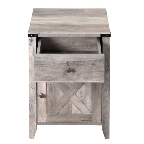 Betterhood Barnwood Rustic Farmhouse Nightstand, Side Table With Barn Door And Drawers, Weathered Oak Style End Table For Living Room Bedroom, Grey Wash, 1 Pack #TOP4