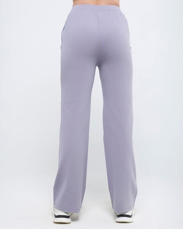 Image of HUNNIT Essential Flare Pants for Women with Zip Pockets | Mid Waist Solid Cotton Tapered Flare Pants | Bootcut Flared Trousers with Wide Elastic Waistband | Relaxed Fit Flared Trouser