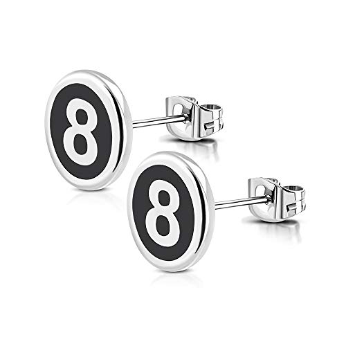 BlackAmazement Juego de 2 pendientes de acero inoxidable 316L, billar, número 8, bola negra de billar, bola de billar, negro y plateado, para hombre y mujer Cover
