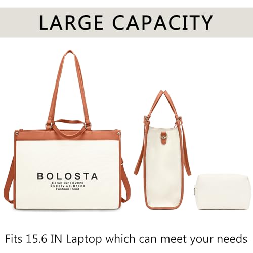 Laptop Tote Bag for Women Fits 15.6 Inch Laptop Canvas Work Tote Bags for Women Large Capacity Computer Bag Briefcase Handbag with Makeup Bag, Ideal Gift for Travel Office Business, Beige3
