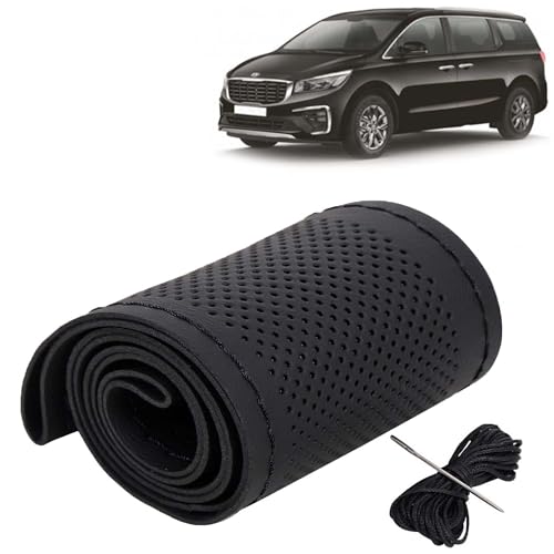 Image of KINGSWAY PU Leatherite Car Steering Cover Sewable Compatible with Kia Carnival (Year 2020 Onwards), Black Color with Black Thread, Pack of 1 with Sewing Needle and Thread