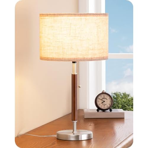 EDISHINE Mid Century Table Lamp, Solid Wood and Metal Bedside Lamp with Pull Chain Switch & Beige Linen Shade, Retro Nightstand Lamp for Bedroom Living Room End Table, E26 Base Silver