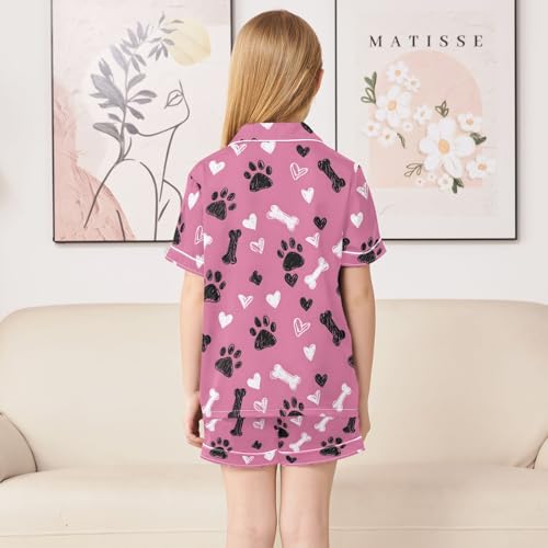 Hand Drawn Footprint Pattern Summer Satin Pajama Set, Cute Button-Down Sleepwear Pj Set for Sleep Wears4