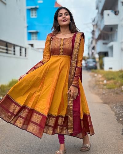 Image of Women's Vichitra Silk Anarkali Gown with Dupatta, Navy Blue Flared Traditional Dress with Magenta Zari Border, Jacquard Weaving Full Sleeves Ethnic Suit