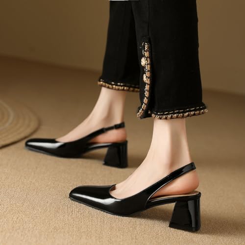 DINTAHA Womens Square Closed Toe Slingback Heels Patent Leather Low Block Heel Pumps4