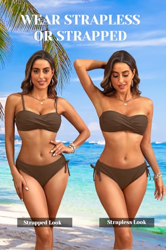 Image of Tempt Me Women Strapless Bandeau Bikini Set Twist Front Two Piece Swimsuit | Detachable Shoulder Straps, Molded Cup Design, Anti-slip Strips, Side Tie Bikini Bottom, Low Rise Fit