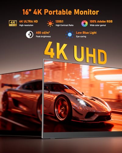 Yodoit Portable Monitor 16" 4K-UHD-Tragbarer Bildschirm mit Ständer, IPS-Bildschirm mit Typ C, Mini-HDMI, integrierten Lautsprechern, kompatibel mit PC, Laptop, MacBook, PS3/4/5 2