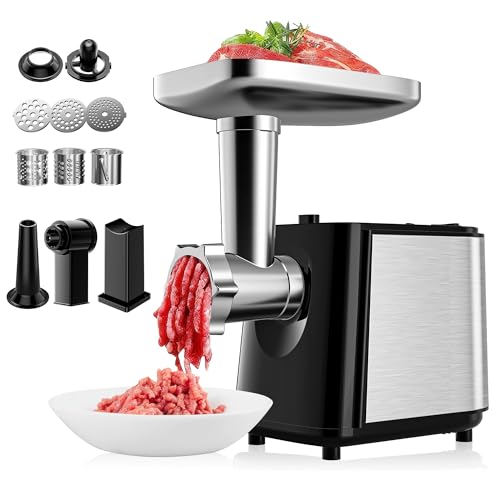 Tritacarne elettrico da 2000 W 5 in 1 - Insaccatrice professionale, tritatutto per verdure, grattugia per insalata e formaggio con 8 accessori, materiale di qualità alimentare per la cucina di casa