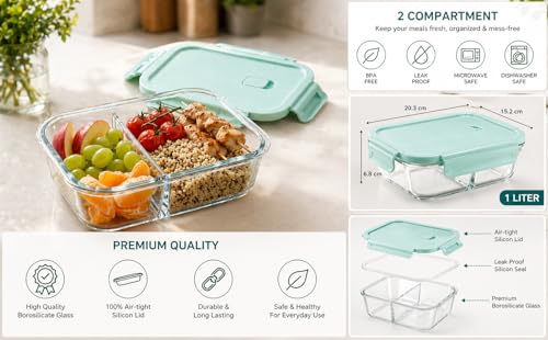 Image of Slim Borosilicate Glass Two Compartment Lunch Box | Leakproof Silicone Seal | Heat Resistant | Great for Office & Outdoor Activities | Best for Storing Leftovers (1 LTR | Clear)
