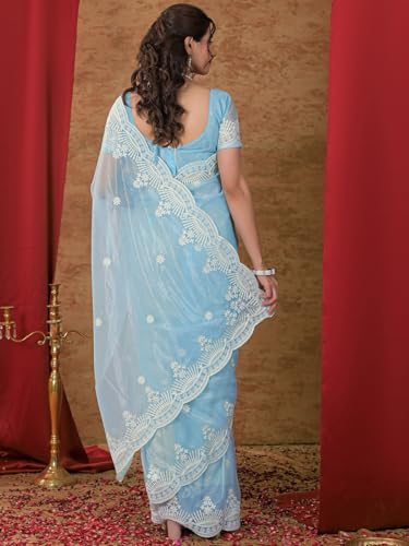 Image of Satrani Women's Net Embroidery Saree with Unstitched Blouse Piece