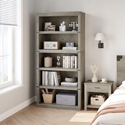 Garvee 5-Tier Grey Farmhouse Bookcase - 67.4" Tall Wooden Bookshelf with Open Storage Shelves, Rustic Standing Book Shelf for Office, Living Room, Bedroom - Grey, 800×320×1712mm