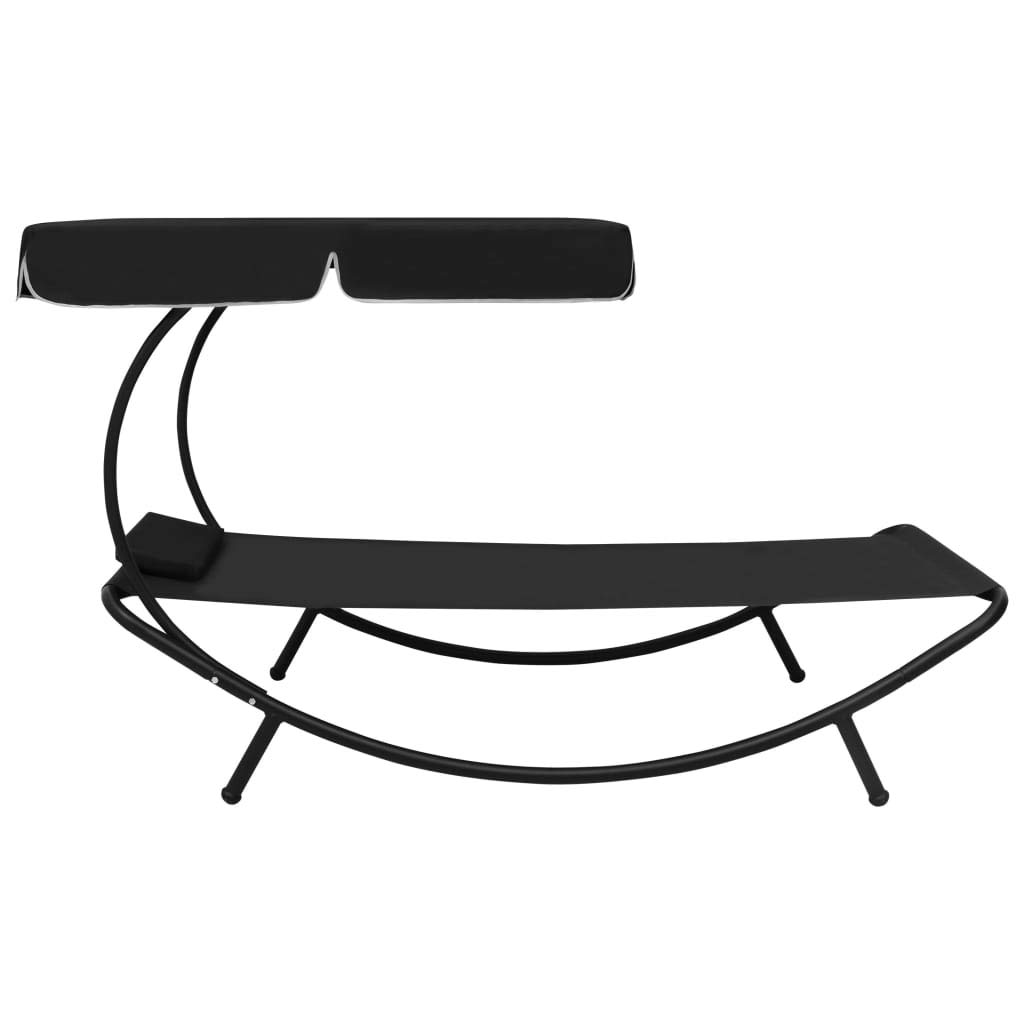 Sonnenliege mit Sonnendach und Kissen Schwarz wetterfeste Gartenliege 200x90cm klappbar verstellbar mit Polster ideal für Terrasse Balkon und Outdoor Relaxliege mit Dach und Rollfunktion
